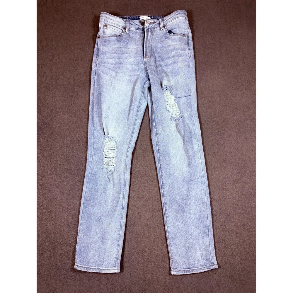 Kendall & Kylie Jeans Womens 3/4 Blue Denim Distressed Whiskered Boho Skinny Leg